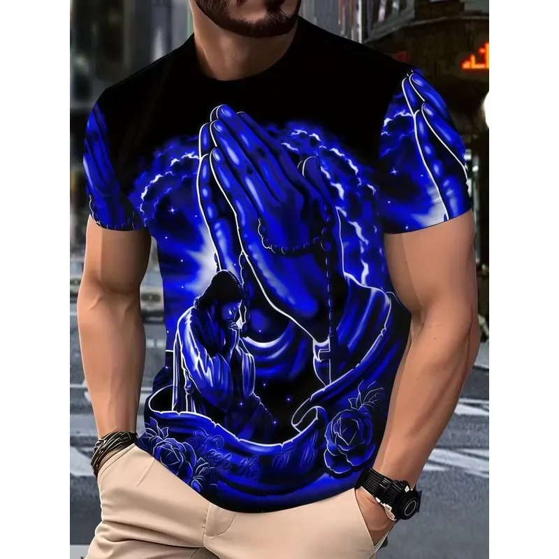 3D Digital Print Men's Prayer Hands Jesus Graphic T-Shirt Blue Lightning Rose Short Sleeve Tee Casual Summer Top 2026 Fashion