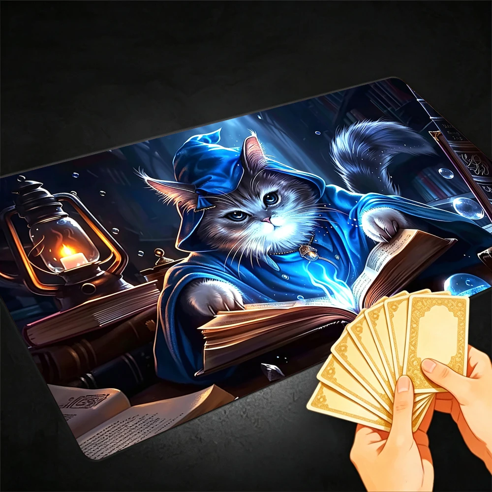 Cat Scholars and Libraries TCG Playmat Magic Playmat Gathering Gaming Mat Stitched Edge Anti-slip base 60X35cm Trading Card Game