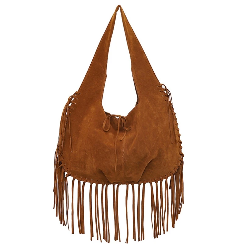 2026 Large-capacity Faux Suede Tassel Single-shoulder Bag Simple Design Women's Double-sided Fleece Bohemian Shopping Hobo Bag
