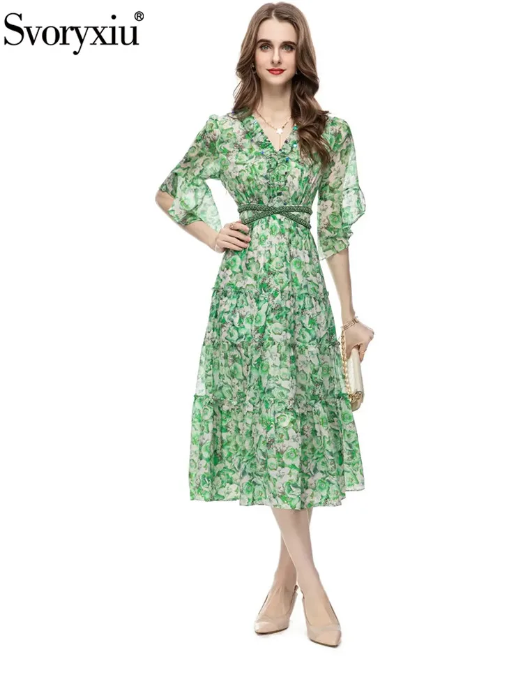 

Svoryxiu Fashion Runway Summer Light Green Print Midi Dress Women's Sequins V-Neck Flounces Sleeve Beading Elastic Waist Dress
