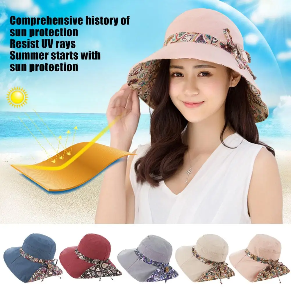 

Double-sided Wide Brim Sun Hats Simple Foldable Portable Print Outdoor Anti-uv Cycling Sunscreen Fashion Caps Non-slip Bow W3A6