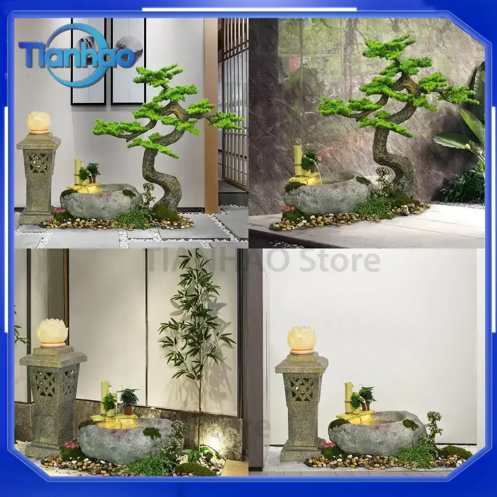Rock Water Feature Fountain Set for Chinese Style Garden Decoration Outdoor Floor Standing Pond Stone Basin Landscape with