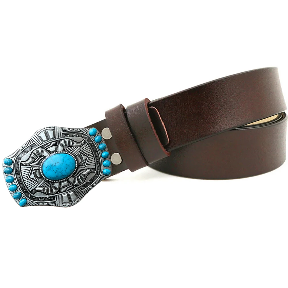 Natural Blue Stone Big Buckles Belts for Men Western Cowboys Genuine Leather Women Belts