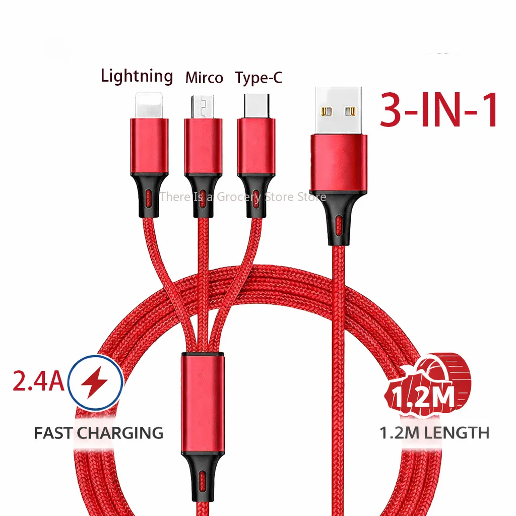 Cable de Carga Rápida 3 en 1 para iPhone, Xiaomi, USB-C, Micro USB, Cable Cargador USB Multipuerto de 1.2m para Teléfonos, Tabletas y Dispositivos
