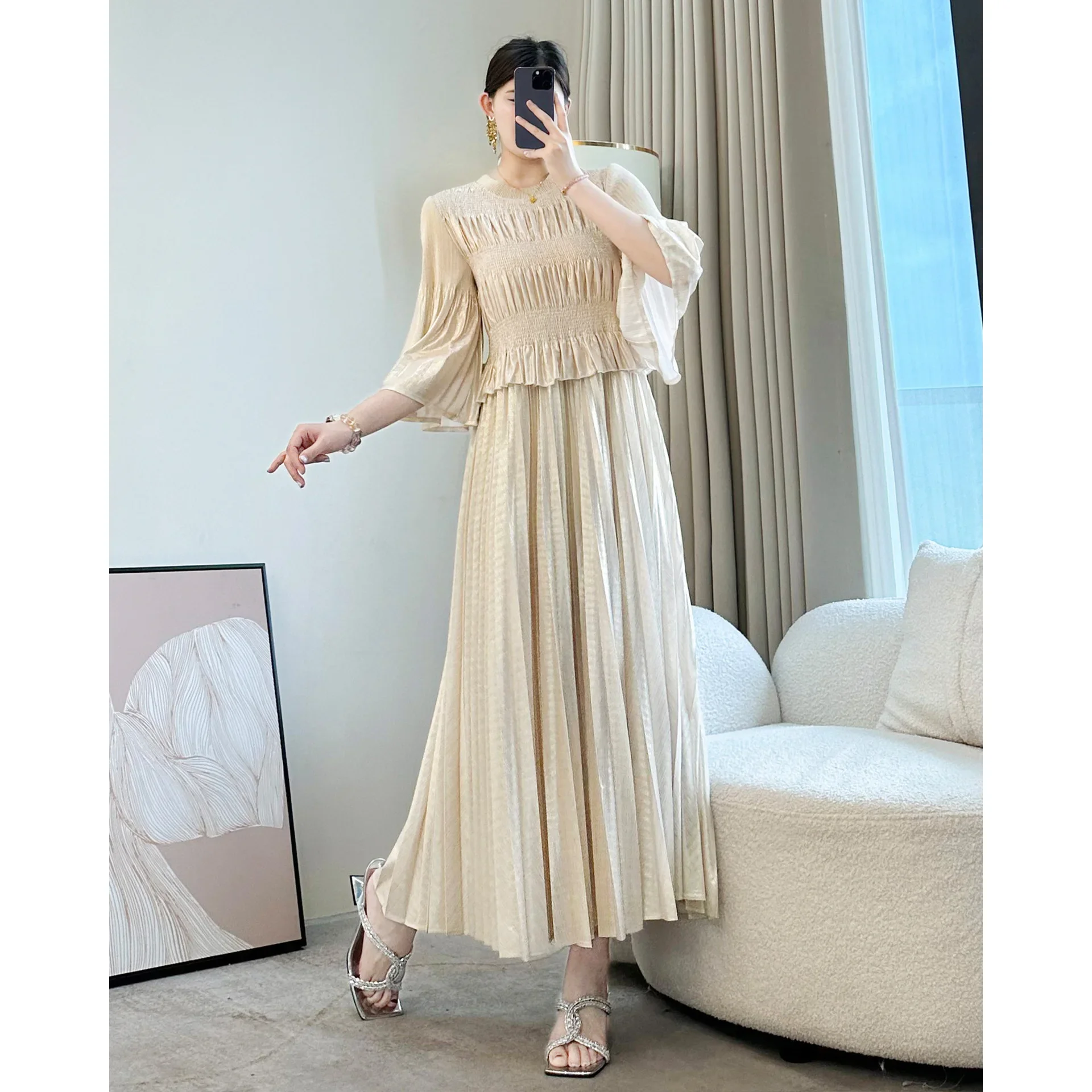 

miyake style wrinkled art high-end skirt seaside vacation tea break French beige dress summer large size women's clothing