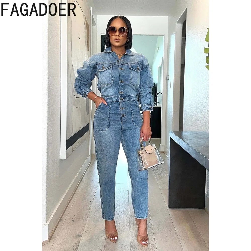 FAGADOER Fashion Streetwear Women Long Sleeve Turndown Collar Button Slim Denim Jumpsuits Casual Female Solid Cowboy Overalls