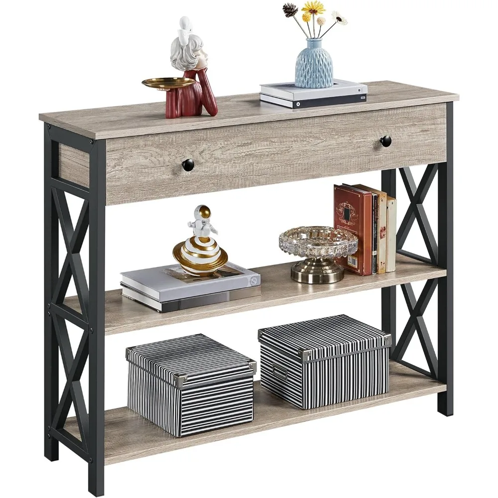 

Console Table with Drawer, Entryway Table with 3 Tier Storage Shelves, Narrow Long Sofa Table for Entryway, Living Room