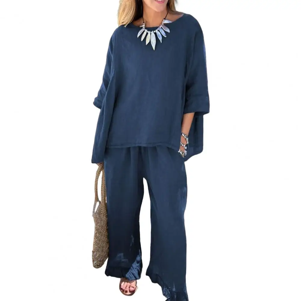 Loose Fit Women Suit Chic 2-piece Blouse Pants Set Stylish Round Neck Top Ruffle Edge Sleeves Wide Leg Trousers for Ol Commute