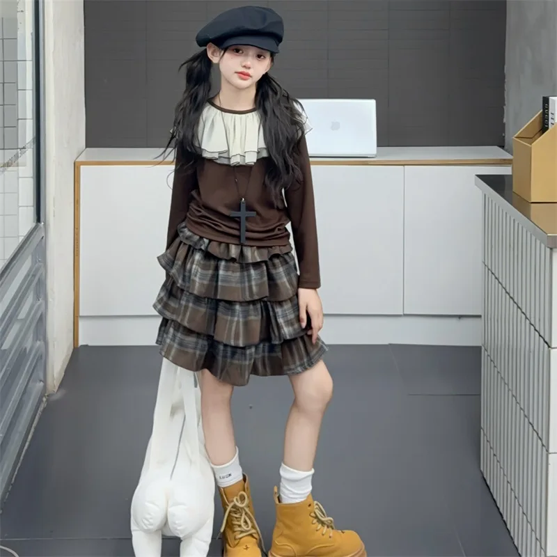 

2025 Autumn Junior Girls 2pcs Suits School Girls Lace Lapel Long Sleeve Top School Girls Plaid Skirt Teenager Girls Fashion Sets