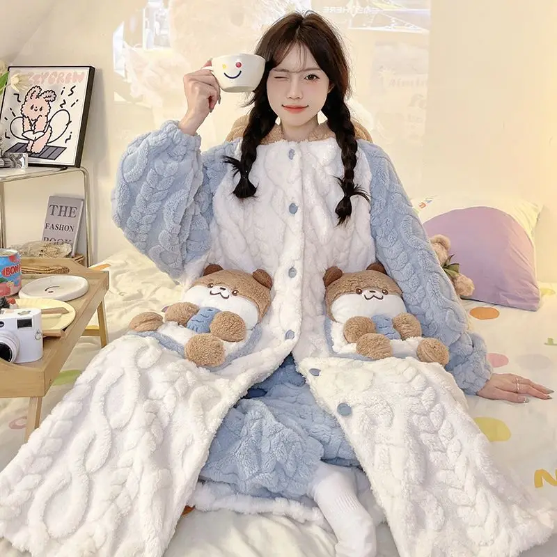 Autumn Winter Kawaii Cartoon Loungewear Women Thicken Warm Coral Velvet Long Nightgown Bath Robe Cute Loose Pajama Sets Homewear