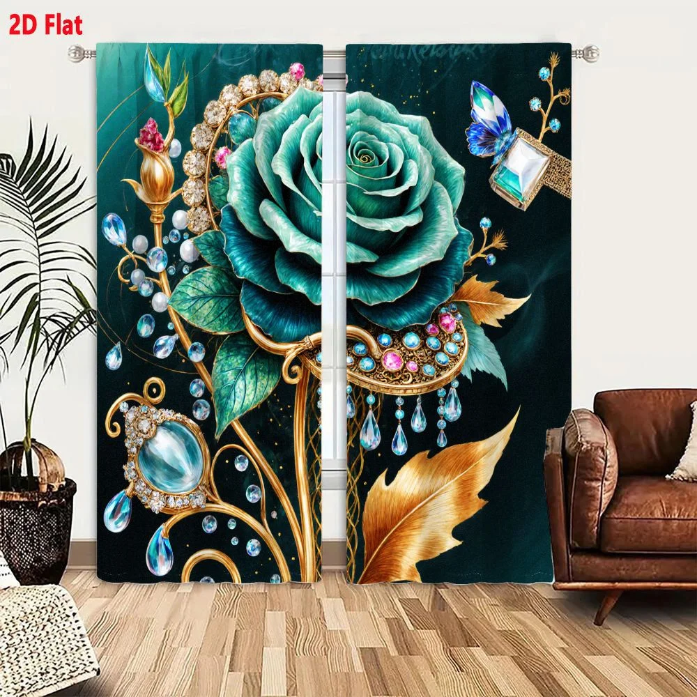 2Pcs Curtains 2D Flat Ornate Fantasy Teal Rose Illustration with Golden Vine Jewels Blue Pink Gems Butterfly Window Drapes for B