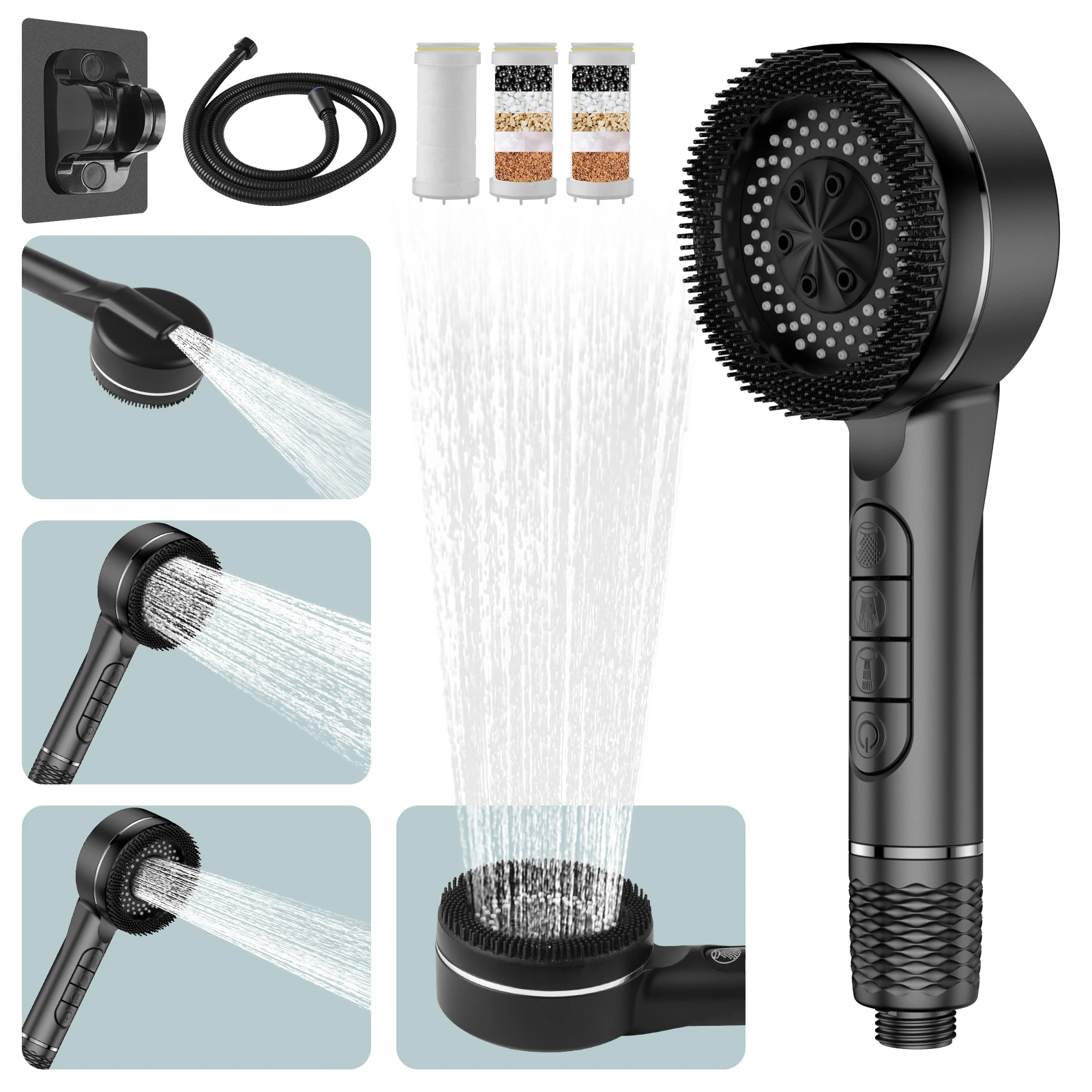 

4 Modes Self-cleaning Shower Head with Silicone Brush One-Key Stop Water Massage High Pressure ABS Showerhead with Filter