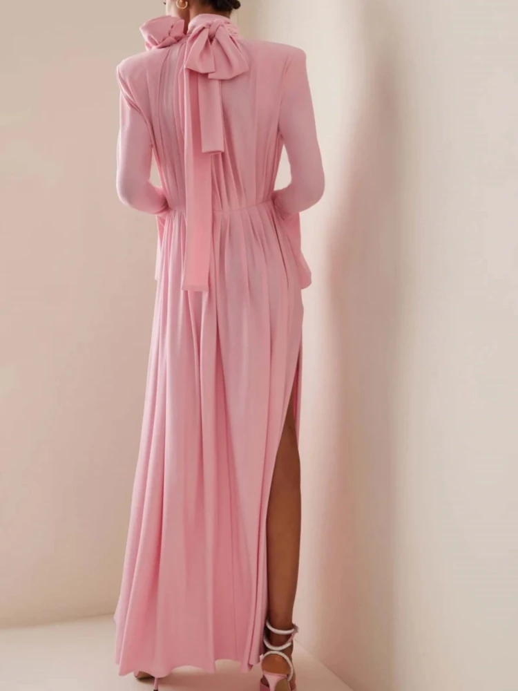 Women Flare Sleeve Pleated 3D Flower Dress Sexy Pink Deep V Neck Long Sleeve Split Long Dresses Elegant Evening Party Gowns