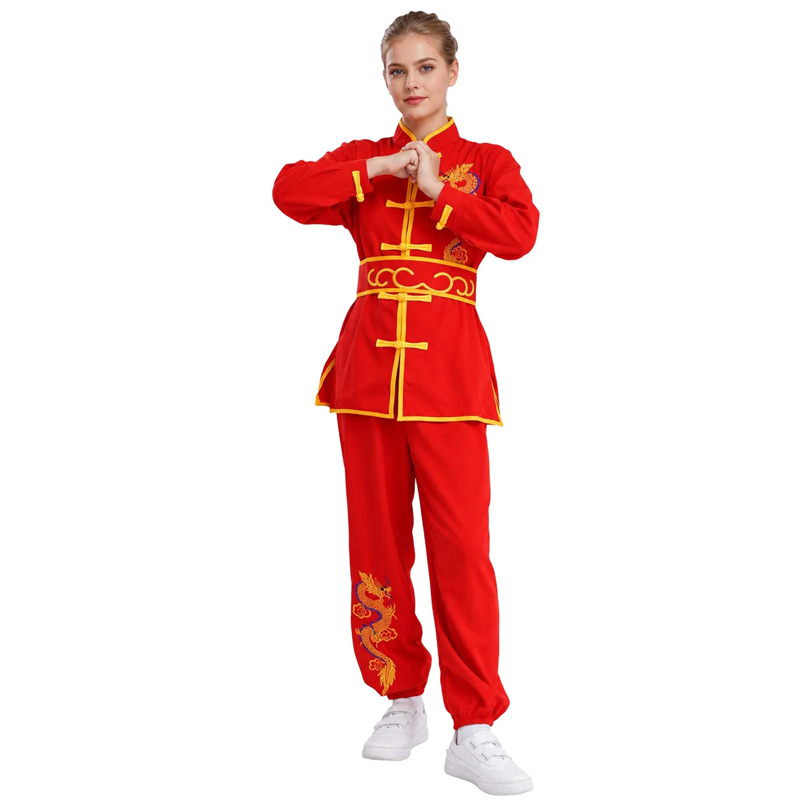 Women Kung Fu Suit Dragon Embroidery Tai Chi Outfit Chinese Martial Arts Performance Costume Long Sleeve Top with Pants And Belt