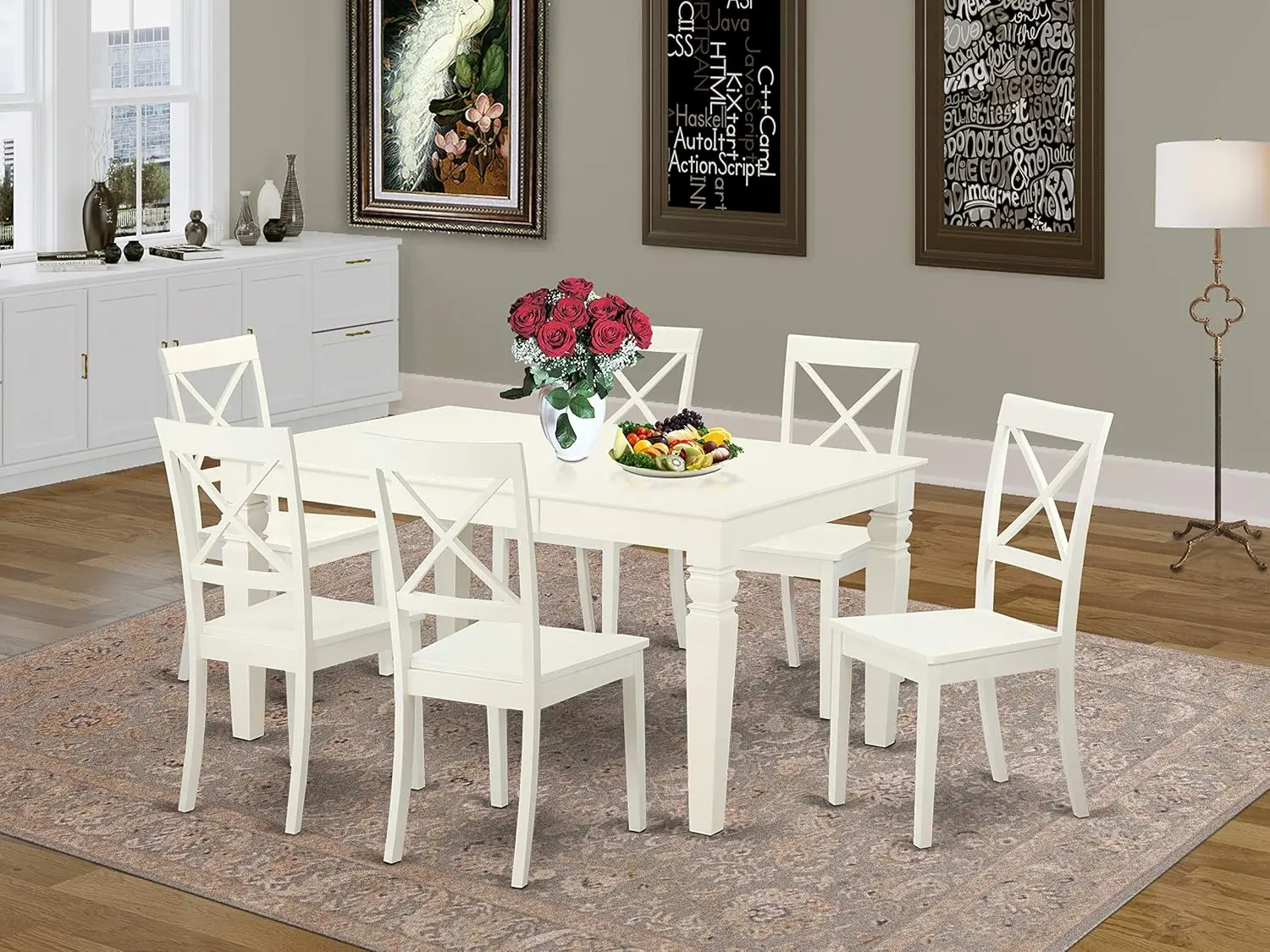 East West Furniture WEBO7-LWH-W 7-Piece Kitchen Set: Rectangle Table with Butterfly Leaf & 6 Chairs, Linen White, 42x60