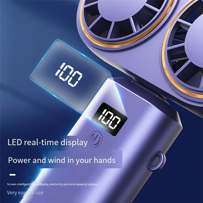 

USB Rechargeable Dual-Head Fan 2400Mah Handheld Fan Hanging Neck Fan Folding Desktop With Digital Display Fan, Easy Install Blue