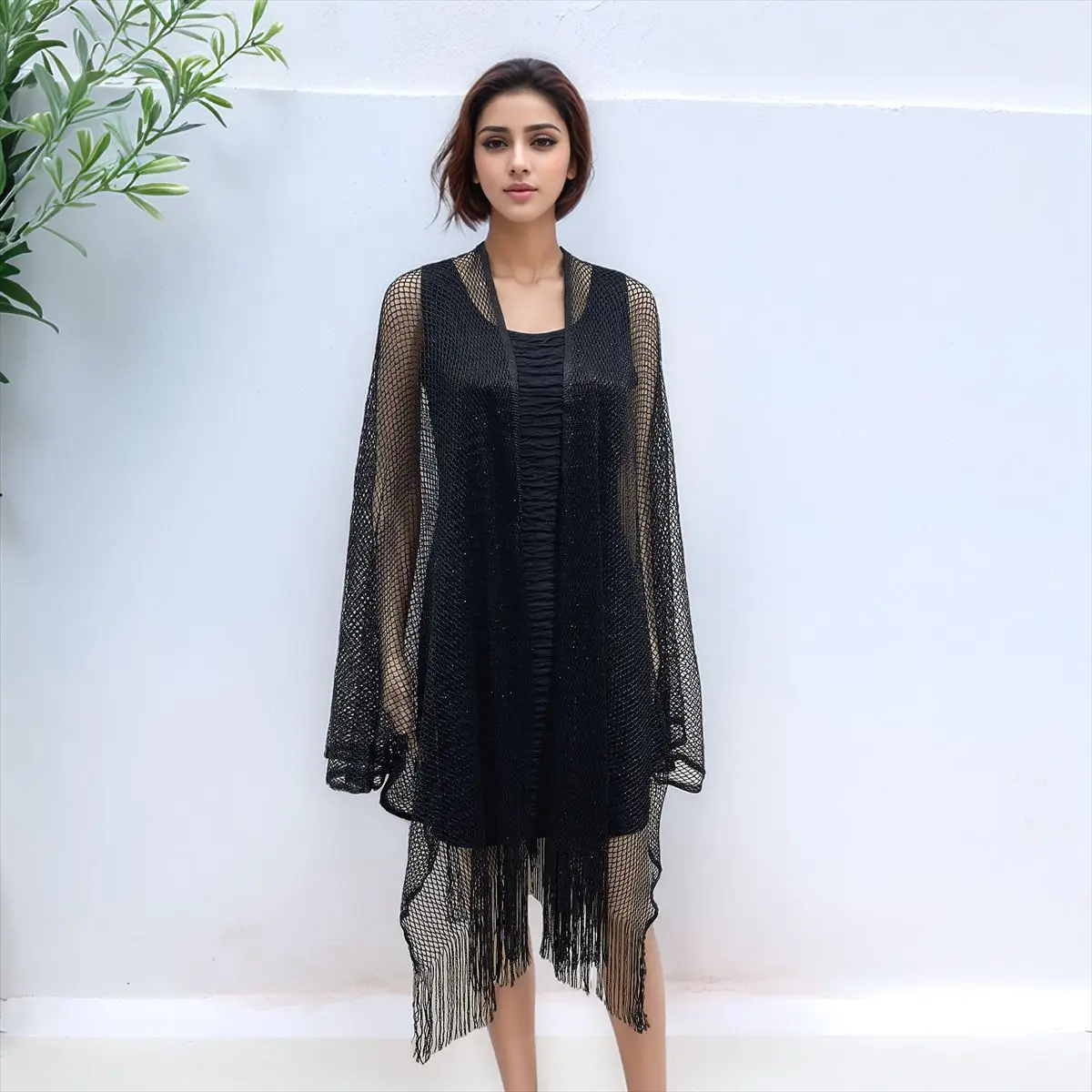 Women's Mesh Hollowed out Poncho Summer Beach Hoodie Skirt Loose Tassel Knitted Shawl Swimsuit Sunscreen Coat P1
