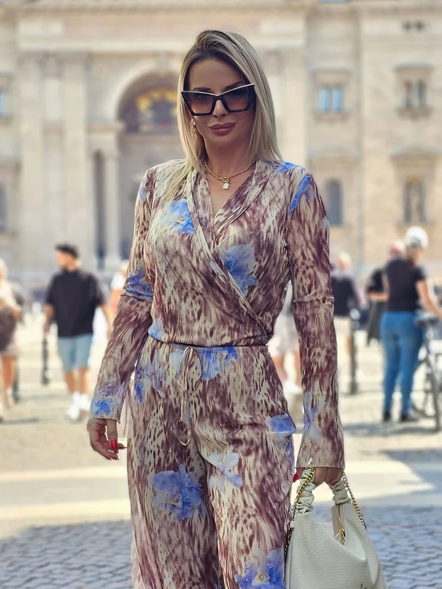 

Floral Print Mesh Two-piece Sets Women V Neck Long Sleeve Lace-up Blouse Summer Casual Fashion Holiday Drawstring Trouser Suits