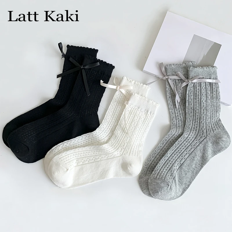 

3 Pairs Socks For Women Short New Fashion Solid Color Bow Sweet Cute Socks Korean Style Multipack Thin Simple Cotton Socks Basic