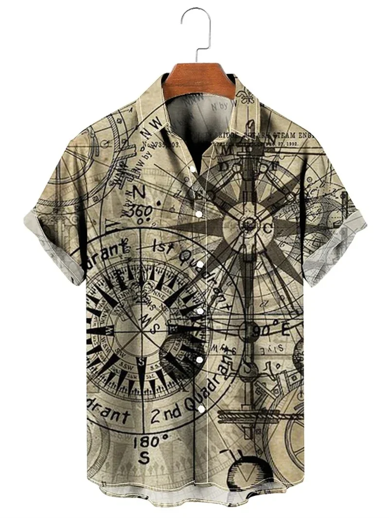 Camisa masculina de manga curta com mapa 3D impresso, botão de lapela masculino, roupas masculinas, tops casuais da moda, camiseta extragrande, camisa vintage