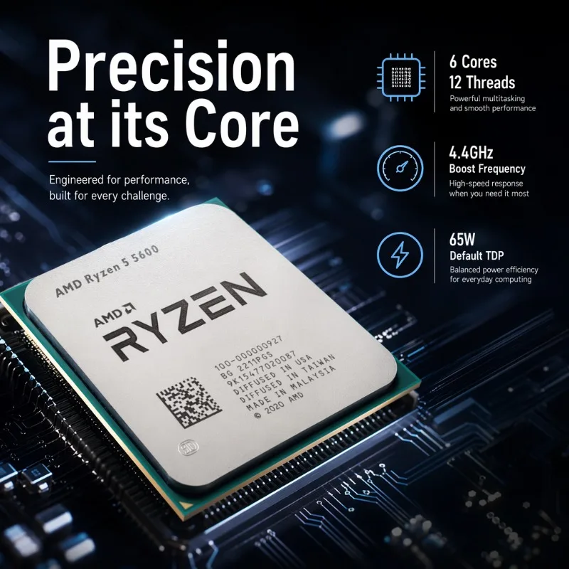 Ryzen 5 5600 R5 5600 3.5GHz 6‑Core 12‑Thread CPU 7NM L3 32M 100‑000000927 Socket AM4 Desktop Processor Without Cooler