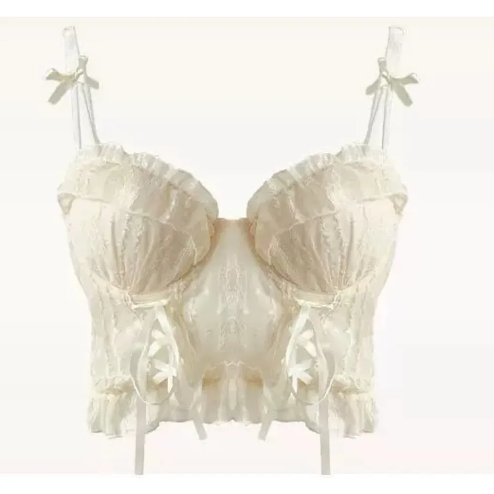 Hot Selling Sweet Lace Brassiere Set Small Chest Support Ruffle Mesh Cross Tie Design Ladies Underwear Suit Soft Skin Friendly
