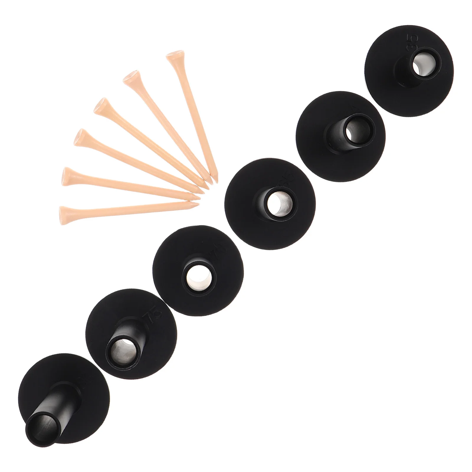 

6pcs Golf Tee Reusable Kit Black Rubber Golf Tees For Mats 35/54/65/70/75/83Mm Unbreakable Practice Tees With Wood Nails -