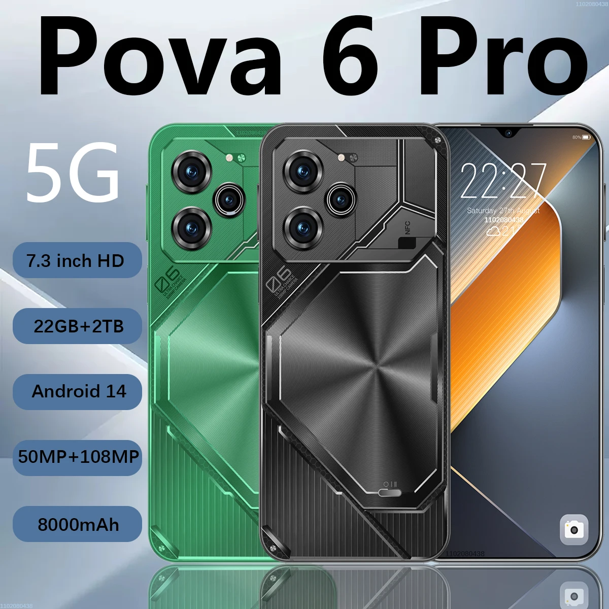 Smartphone original pova 6 pro 5g 7.3 polegadas 22gb + 2tb android 14 snapdragon 8 gen3 dualsim telefone 8000mah desbloqueio telefone móvel nfc