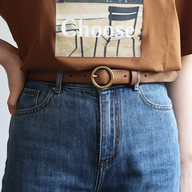 Vintage Handmade Women's Top Layer Leather Belt Genuine Leather Jeans Belt with Round Copper Buckle Retro Casual Waist Belt