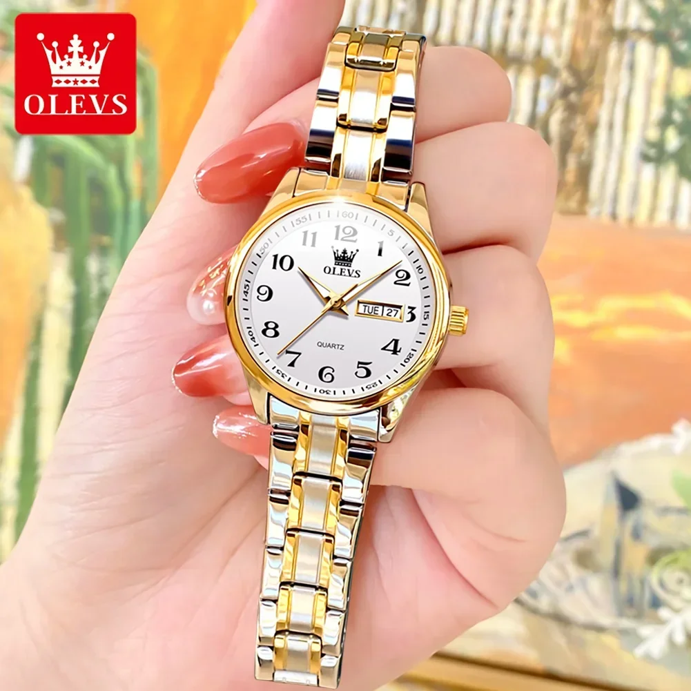 OLEVS Reloj Mujer Women Watch Stainless Steel Waterproof Luxury Watch for Women Luminous Week Date Fashion Quartz Wristwatch