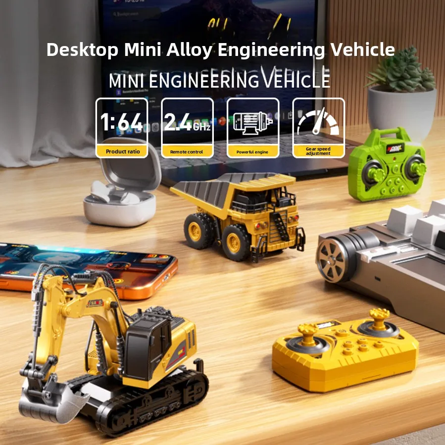1:64 Bluetooth Desktop Mini Alloy Remote Control Forklift Crane With Trailer, Self-loading Excavator, Engineering Model Toy