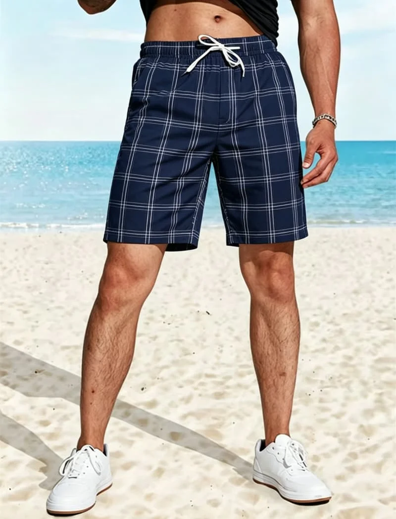 Men's classic plaid printed beach shorts, drawstring quick drying style, timeless plaid design, for beach, travel,and daily wear