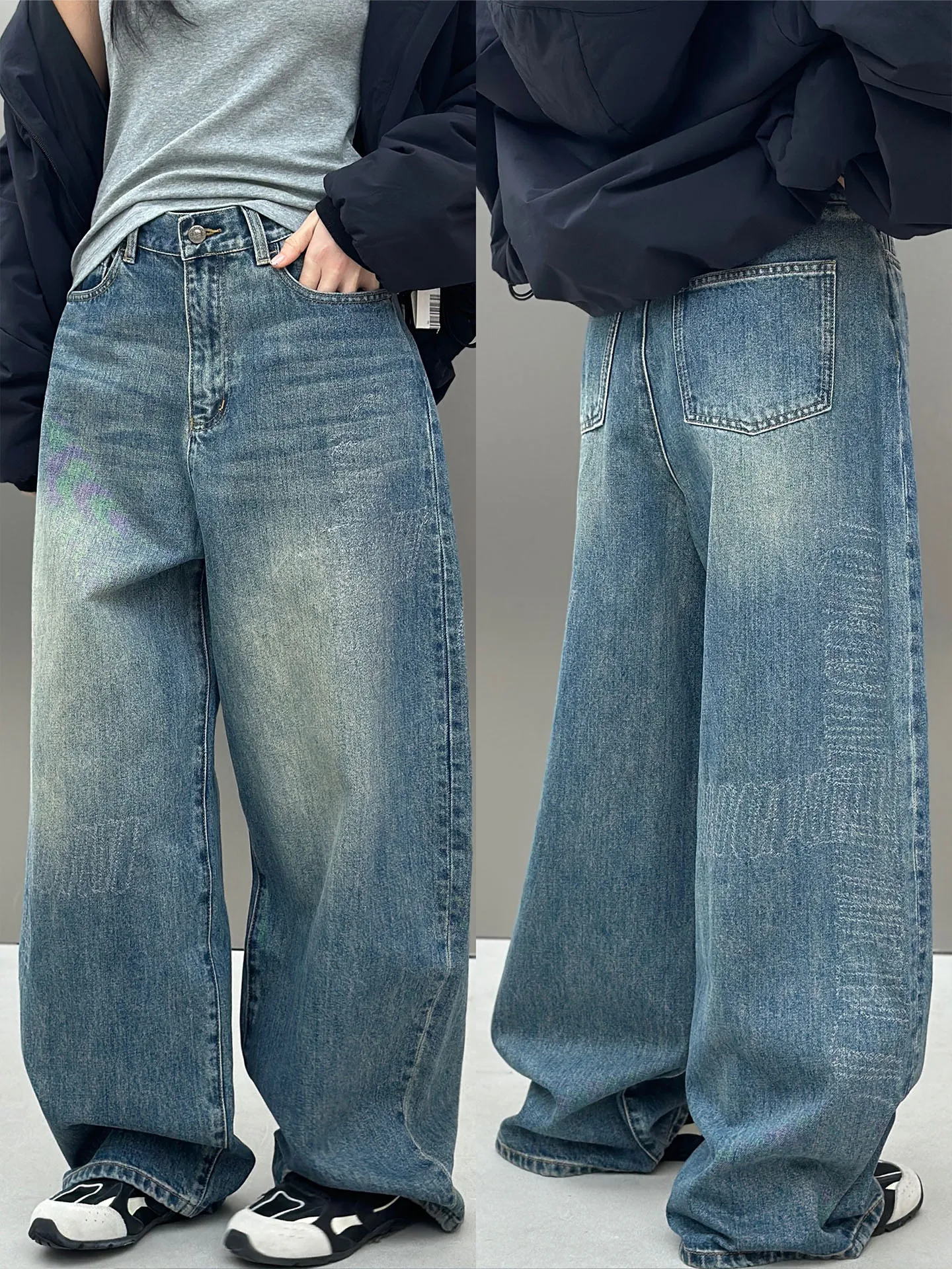 

Модные женские джинсы с вышивкой и эффектом потертости, с высокой талией, широкими штанинами, из хлопка, высокого качества, неэластичные, для зимы