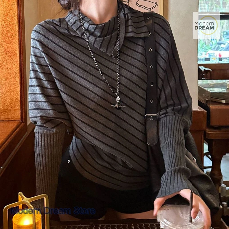 

Korean style grey striped sweater women's spring and autumn new fashion temperament lazy loose casual bat sleeve sweater