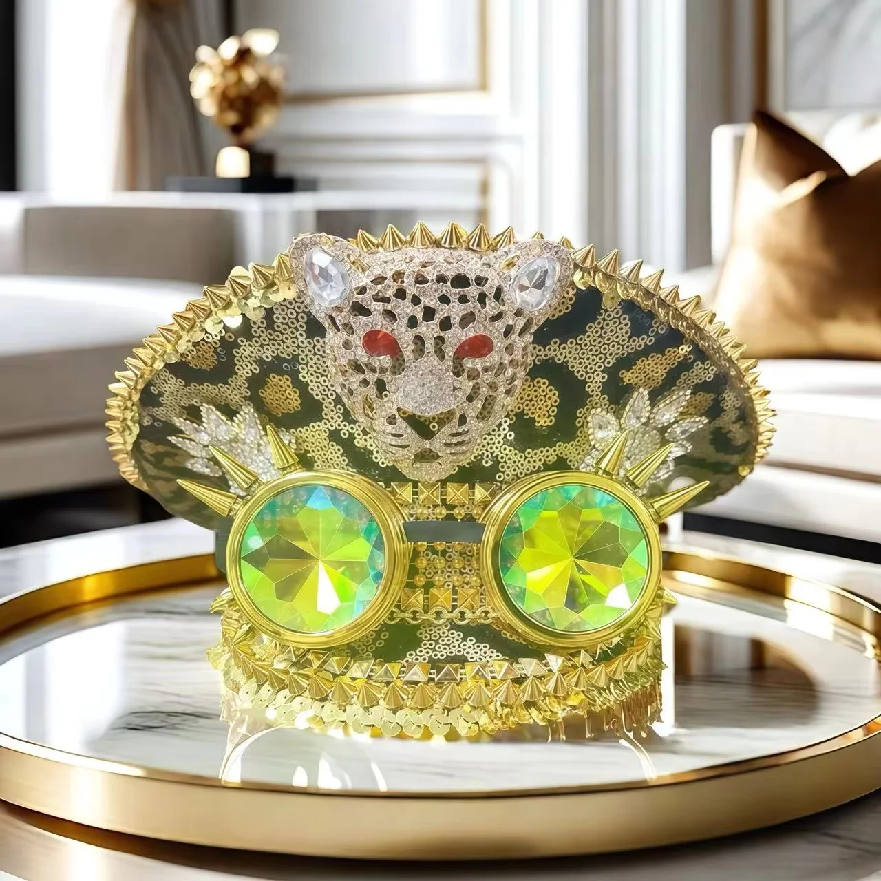 หมวกกัปตันฮองหลวน โกลเด้น ก็อกเกิลส์ ประดับคริสตัล สำหรับงานเทศกาลดนตรี ผู้หญิง หมวกคอสตูมงานคาร์นิวัล และอุปกรณ์เสริมคอสเพลย์สำหรับผู้หญิง