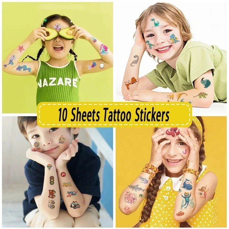 Stiker tato sementara anak, 10 lembar/lot Kartun Unicorn stiker tato temporer, stiker tato tubuh anak-anak pesta putri duyung