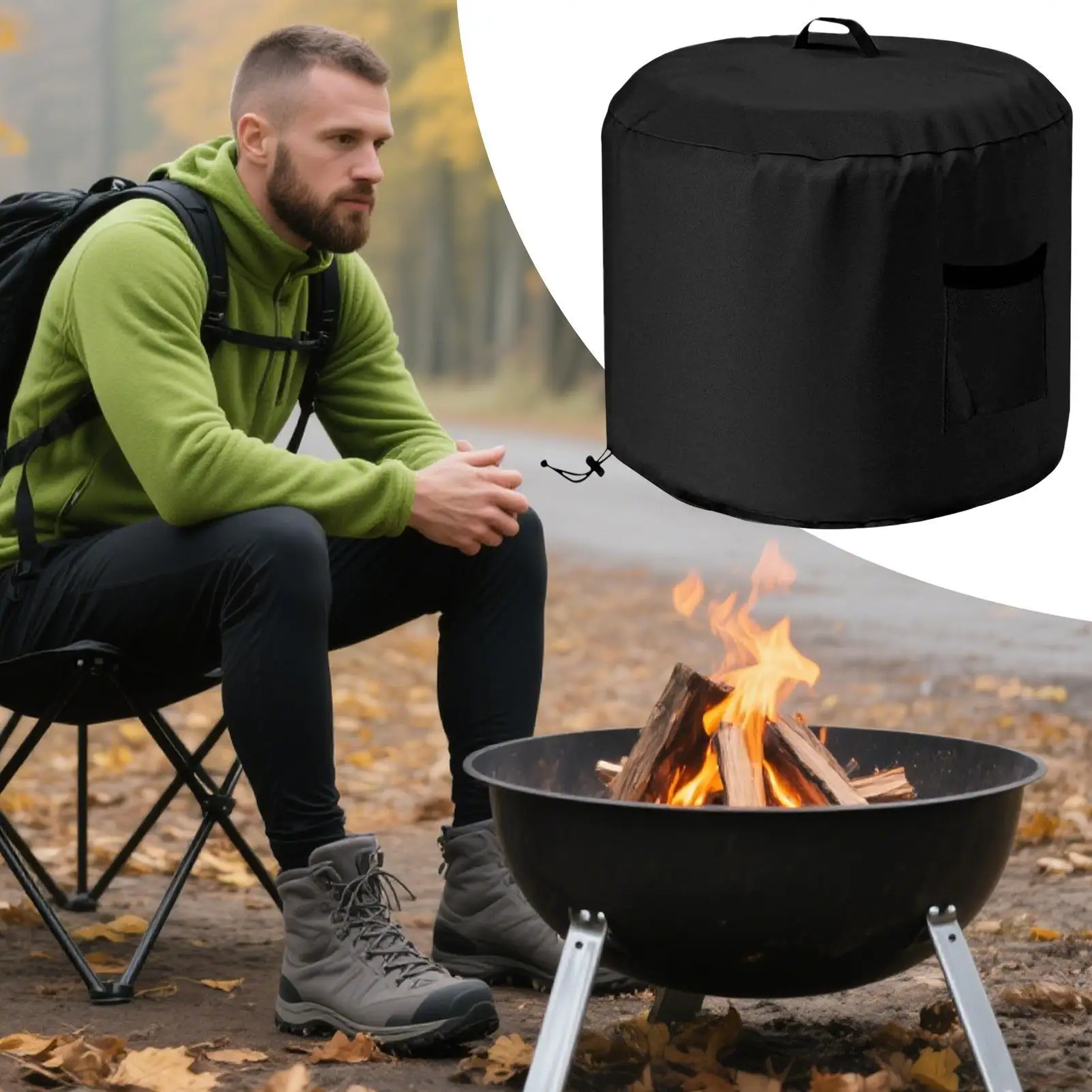 Fire Pit Cover Waterproof Round Fire Pit Protector For Outdoors Oxford Fabric Windproof Protector With Side Pocket For Rain Snow view 4