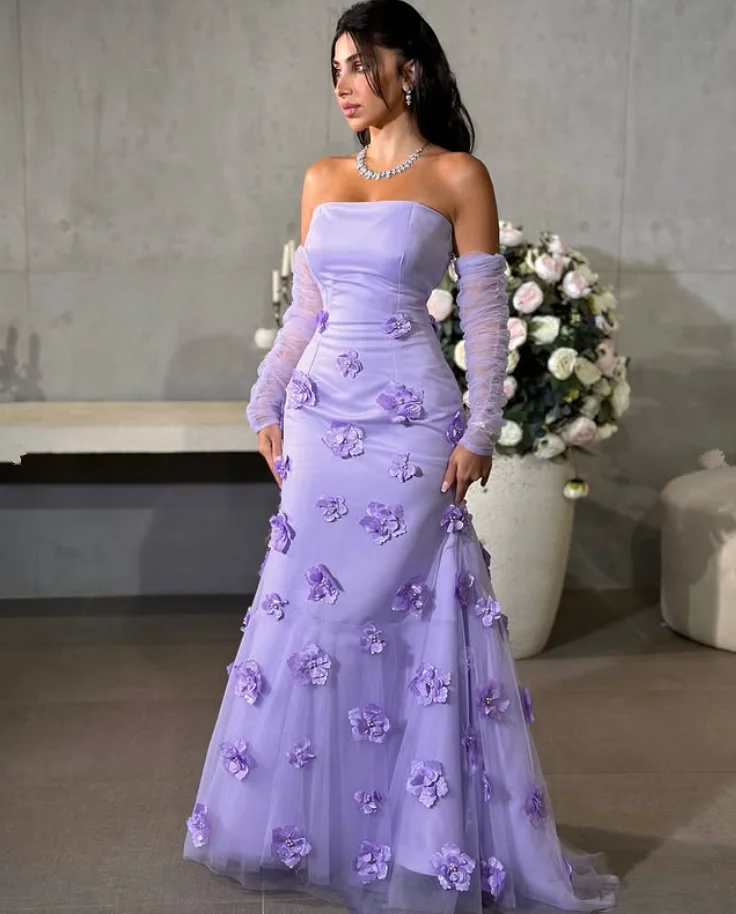 Vestidos de Noche de princesa lila lavanda, guantes, Jersey personalizado Floral 3D, traje de fiesta sin tirantes de Arabia Saudita