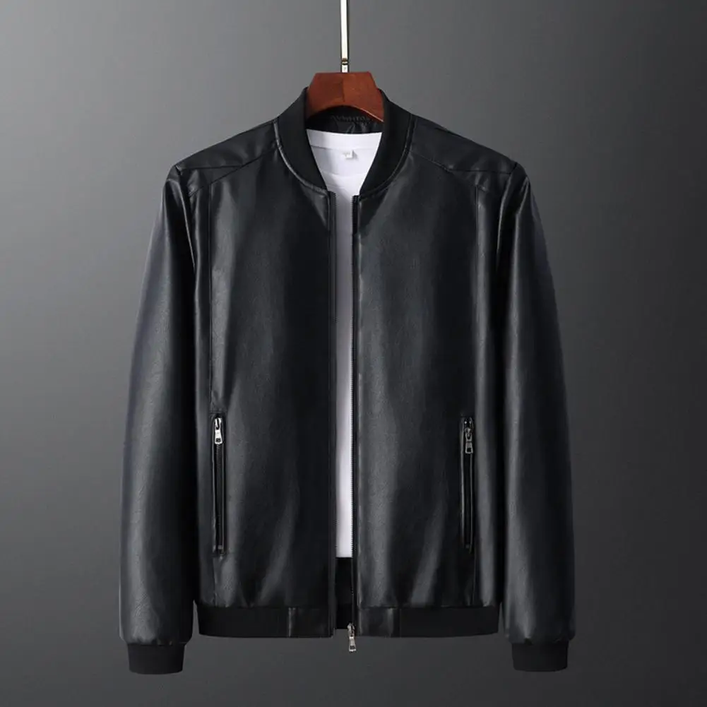 Men Jacket Vintage Faux Leather Motorcyclist Jacket Solid Color Long Sleeve Zipper Closure Bomber Jacket Cardigan Baseball Coat