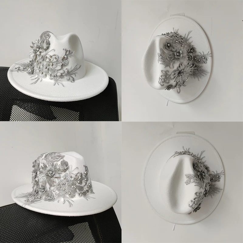 

Embroidered Flower White Fedora Hat Women's Jazz Top Hat Spring and Autumn Panama Church Fashion Elegant Wedding Hat