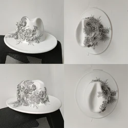 Embroidered Flower White Fedora Hat Women's Jazz Top Hat Spring and Autumn Panama Church Fashion Elegant Wedding Hat