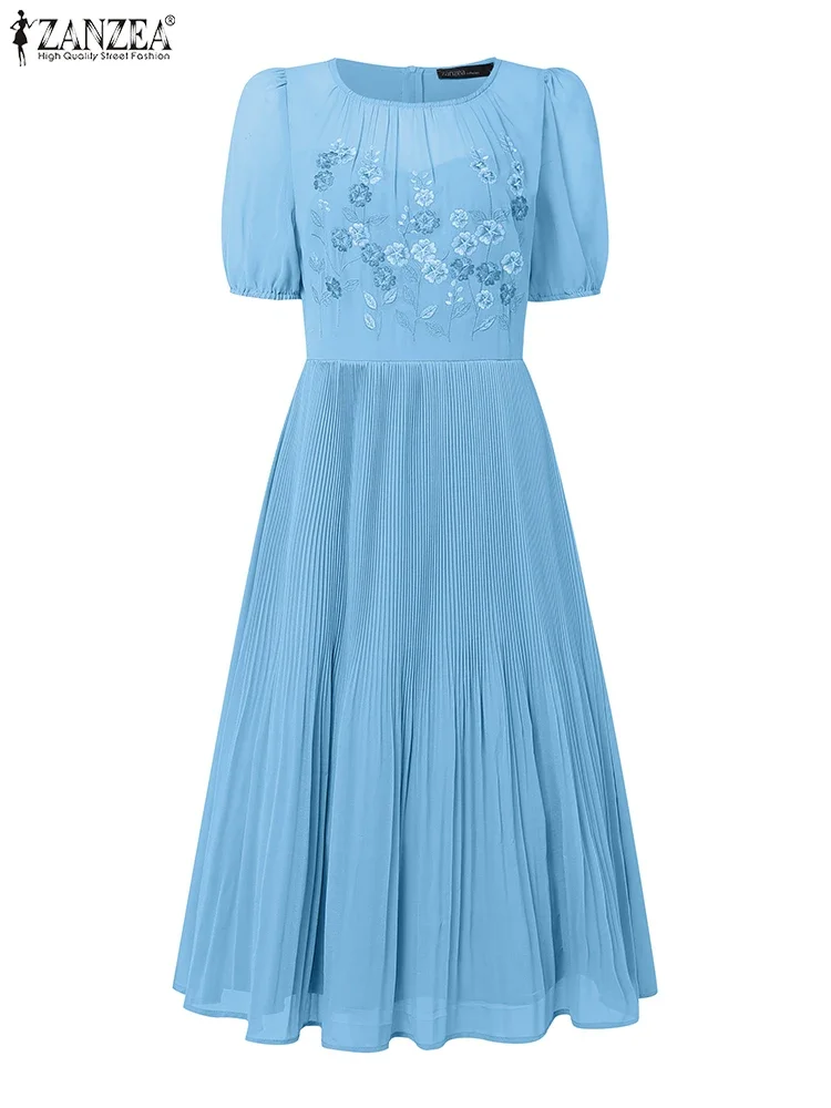 ZANZEA Casual Lose Gefaltetes Kleid Frauen Sommer Sommerkleid Vintage Floral Bedruckte Vestidos 2025, Mode Kurzarm Mid-Kalb robe