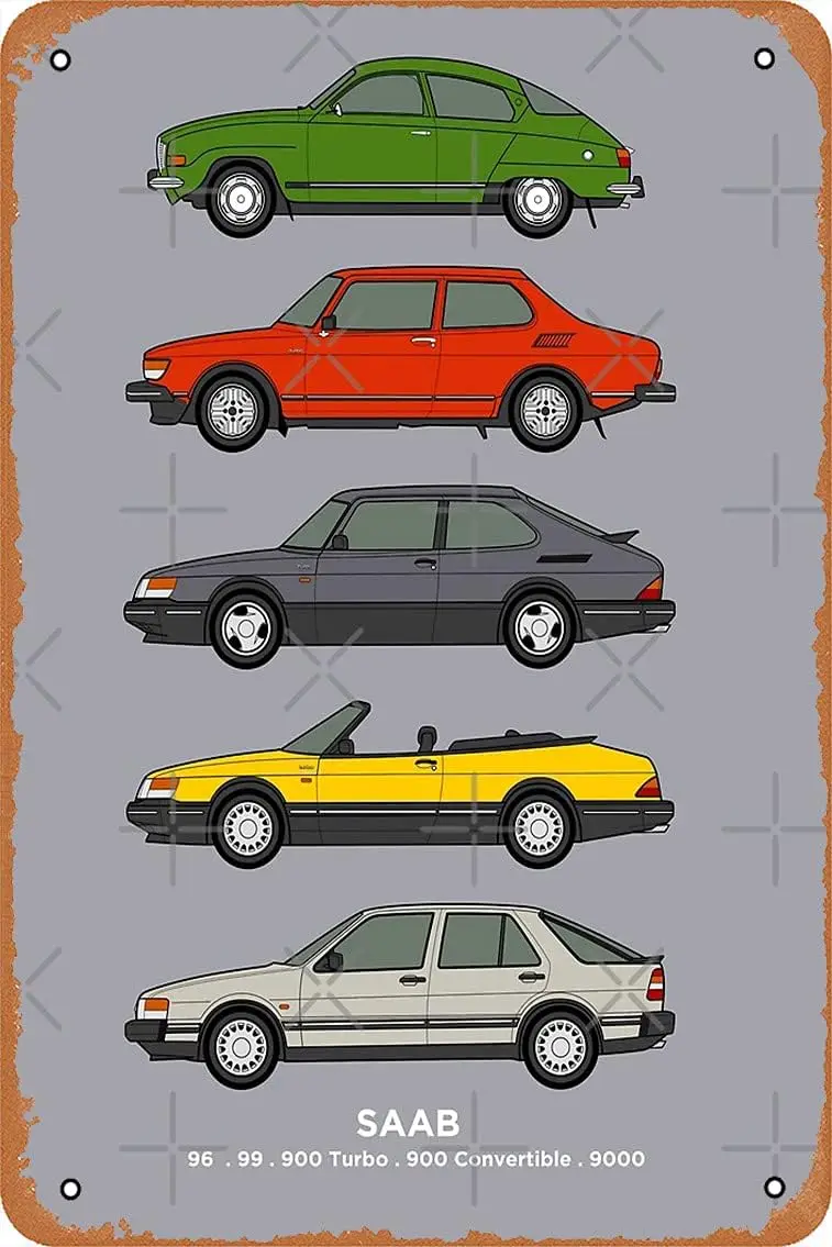 Saab Classic Car Outline Illustration Poster Metal Tin Sign  Vintage Retro Man Cave Wall Decor.