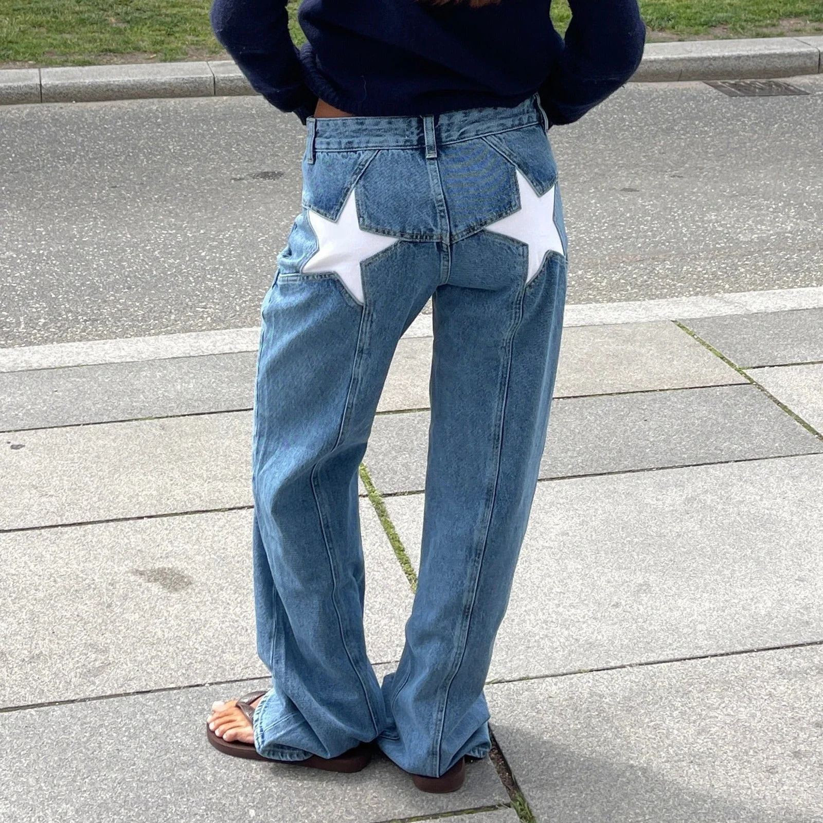 

Women Fashion Jeans Star Pattern Loose Denim Pants Spring Fall Casual Low Waist Trousers Wide Leg Pants