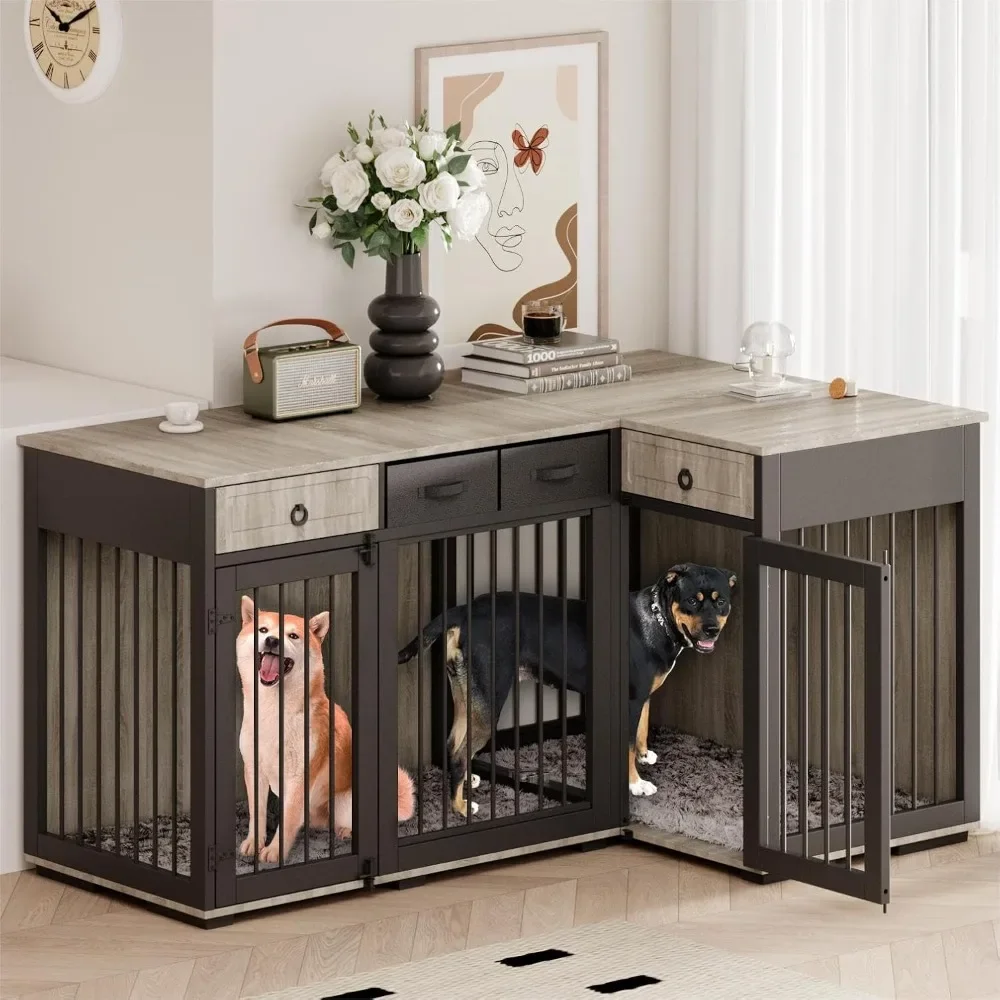 

Dog Crate, Wooden Combined Dog Crates Kennel with Fabric Drawers&Removable Divider,Dog Crate Can Use Separately