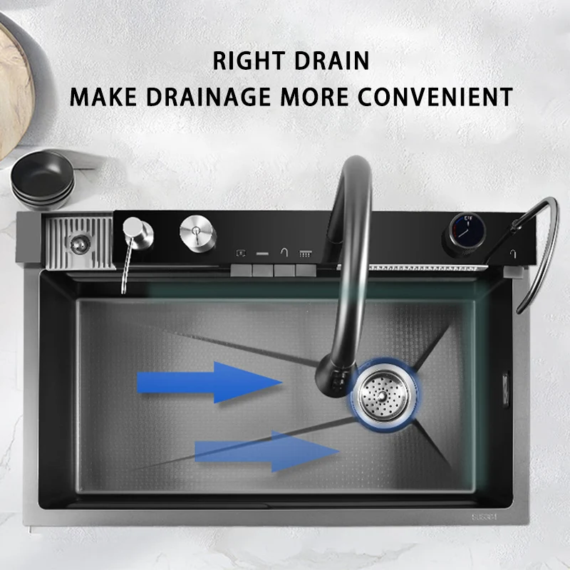 

Черная кухонная мойка ручной работы с эффектом водопада, из нержавеющей стали, с защитой от царапин, одинарная чаша