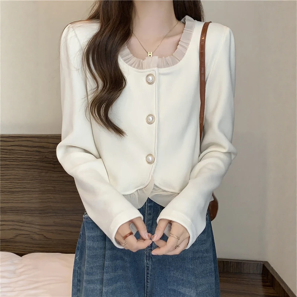 

Женская повседневная корейская рубашка с воланами, осенне-зимний однобортный топ с квадратным вырезом и длинными рукавами