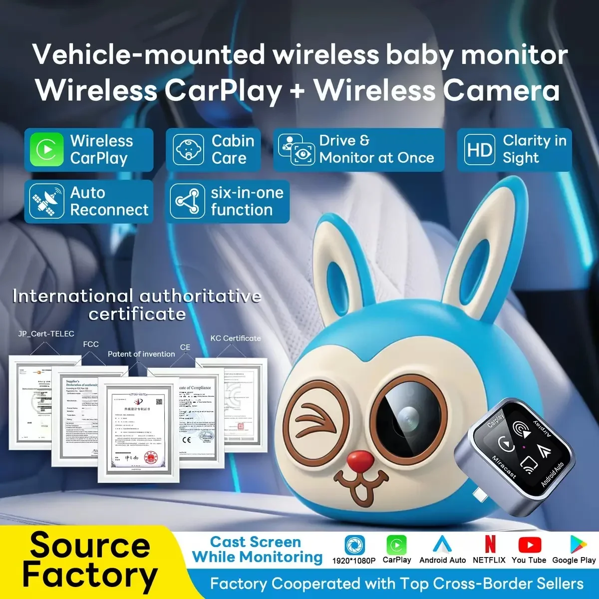【Brand】6-In-1 CarPlay Rear Cabin Monitoring Camera Pet/Kids Care Monitor Auto CarPlay Adapter Support Netflix YouTue Smart Box