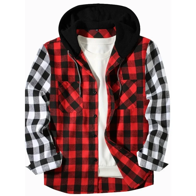 Men Women Color Block Plaid Hooded Patchwork Plaid Shirt Patchwork Plaid Shirts Button Down Long Sleeve Casual Shirts