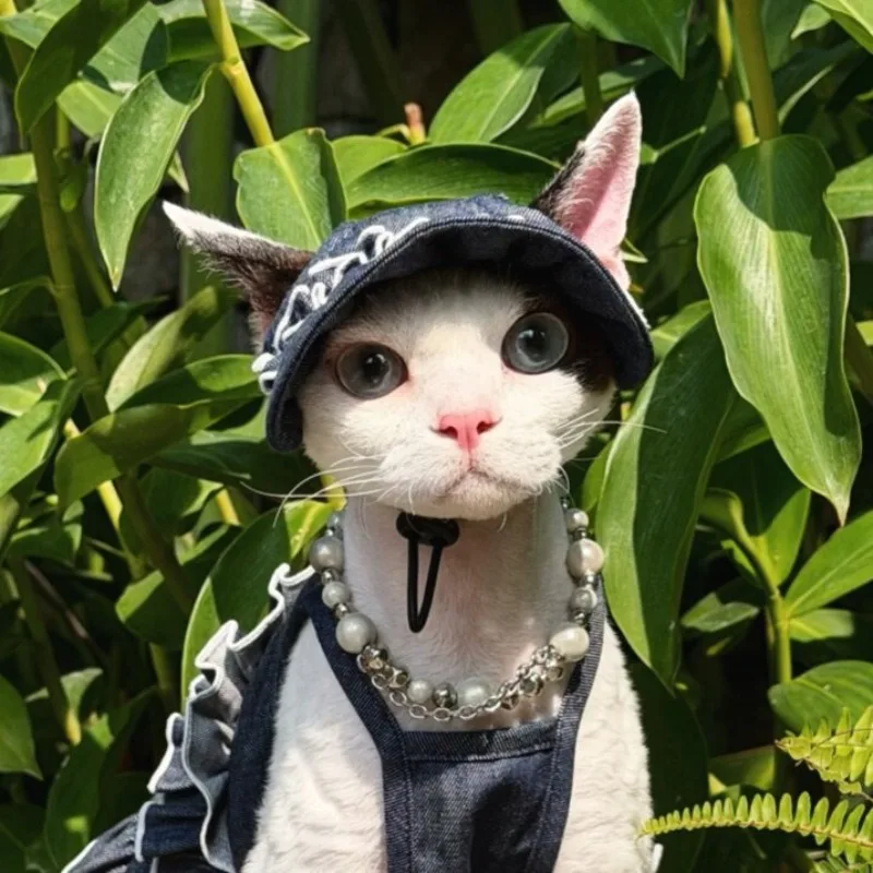Cute Denim Pet Bucket Hat with Ruffle Lace Bow Decor Adjustable Head Circumference Outdoor Sun Protection Pet Hat for Cats Pets